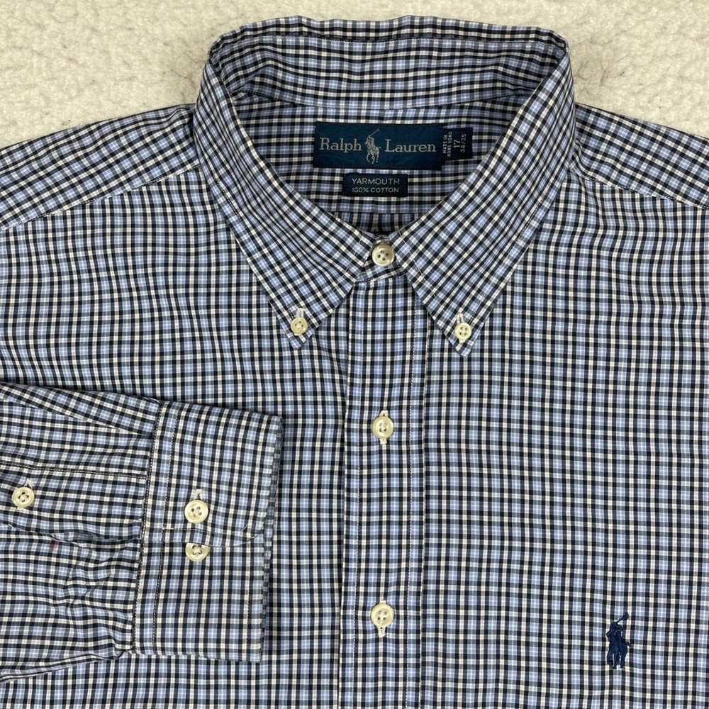 Ralph Lauren Yarmouth Shirt Mens 17 34/35 Blue White Micro Check Button Down